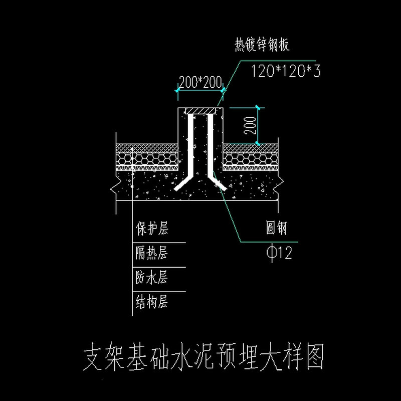 商用太阳能集热器安装支架基础水泥预埋大样图