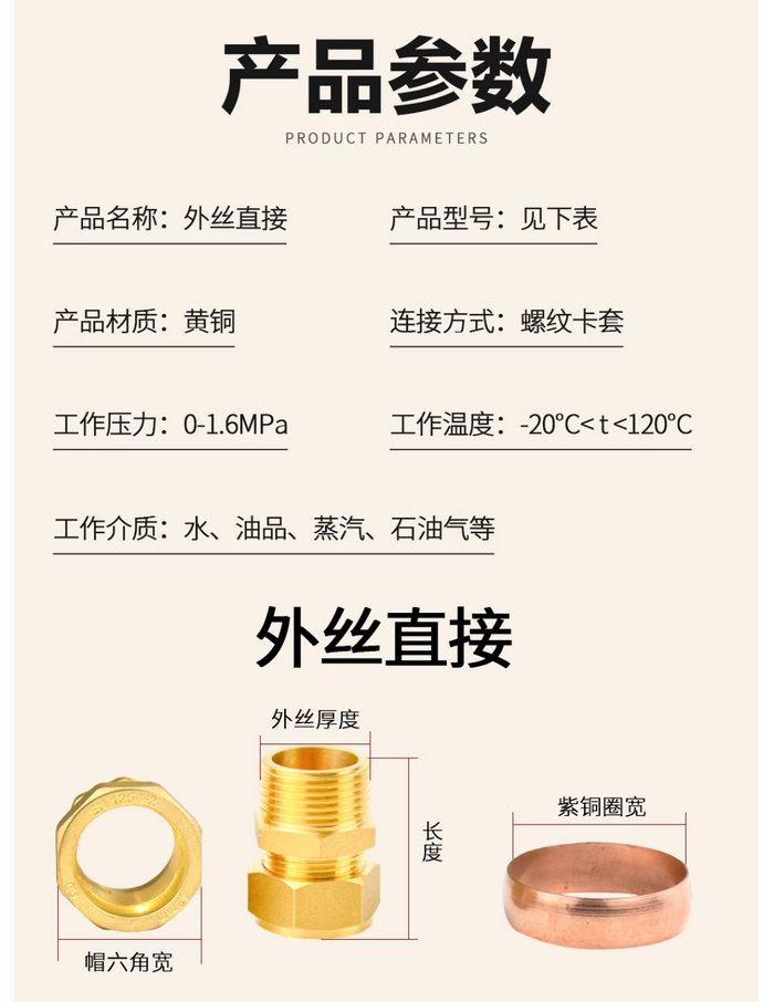 紫铜管接头（平板太阳能集热器铜管卡套直接配件）