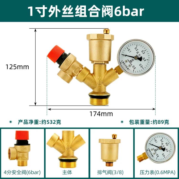 水箱安全组件：泄压阀、自动排气阀、压力表